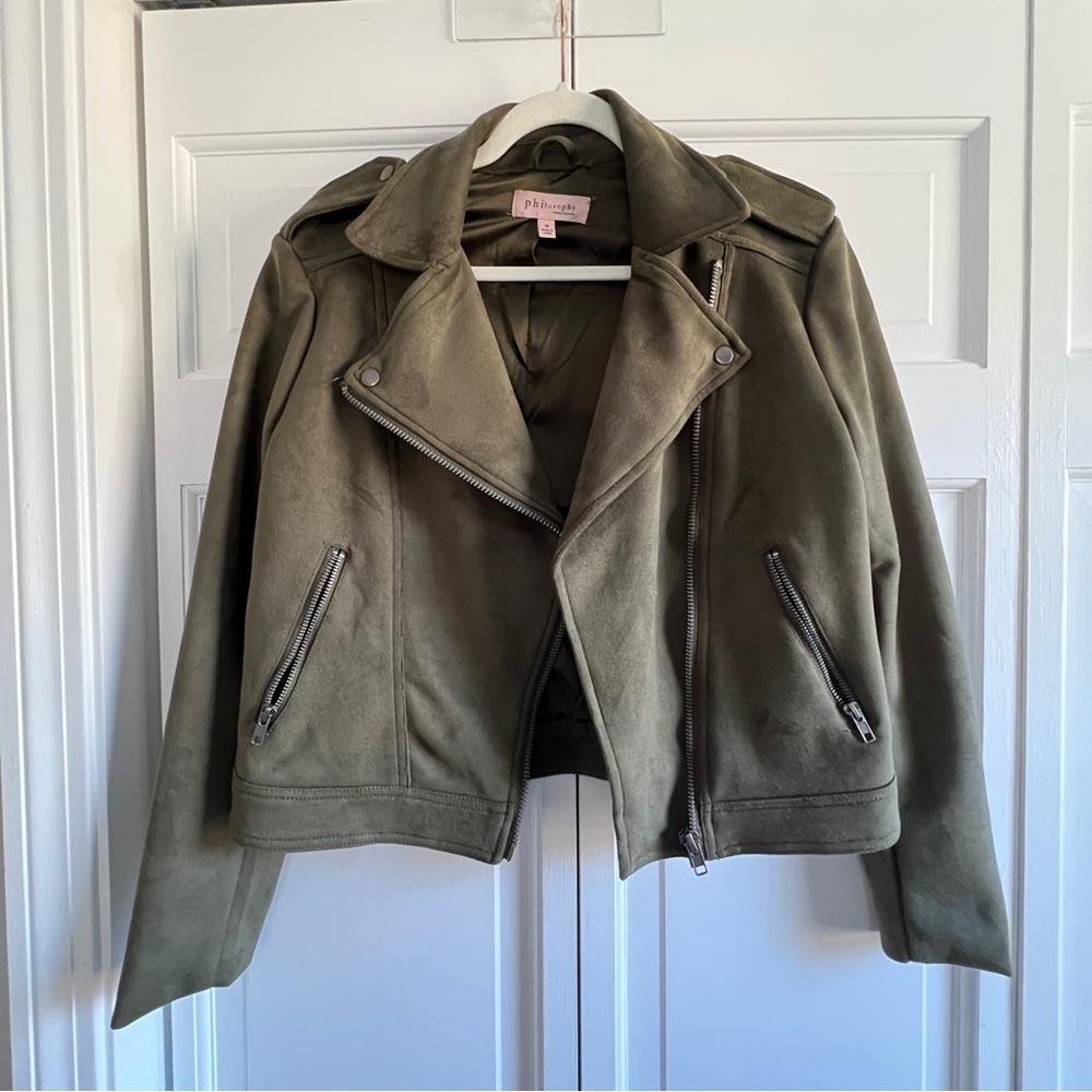 Philosophy Faux Suede Moto Jacket in Olive green size M